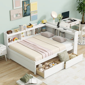 English Elm Full Platform Bed with L-shaped Bookcase Built-in Power Outlets and Storage Drawers White W504S00340
