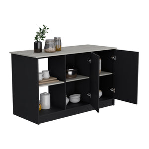 English Elm Juniper Kitchen Island with Spacious 59" Worktop, Double-Door Storage and Open Shelving for Cooktops Black+Ivory 64 L x 29 W x 4 H B200S00397