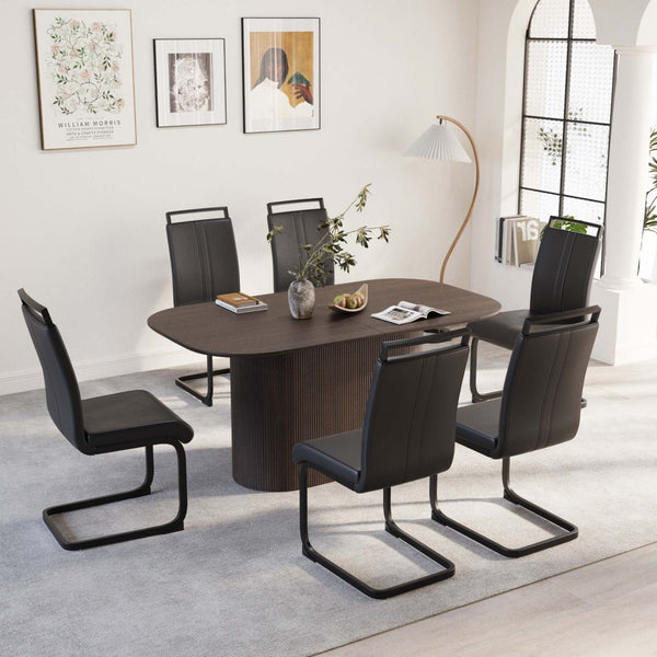 English Elm 63 Inch Mdf Dining Table and Six Pu Leather Chair Set for Modern Industrial Homes W2189S00890