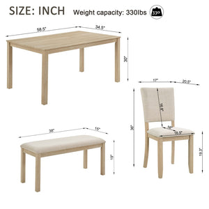 English Elm 6 Piece Rubberwood Dining Set with Bench and Linen Chairs for Transitional Kitchen W1998S00085
