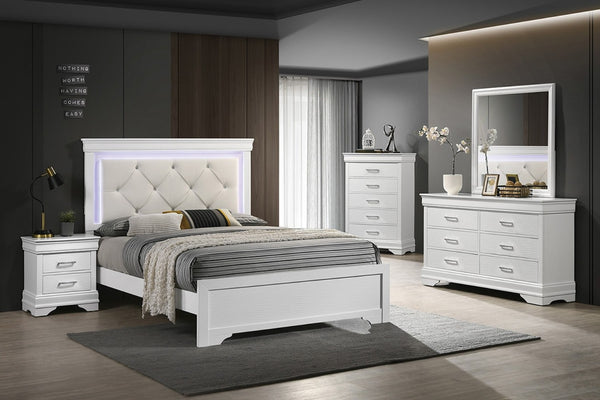 English Elm White Faux Leather Tufted Headboard Queen Bed with LED Lighting, Diamond Tuft Buttons, Luxurious Chic Retreat B011S01685