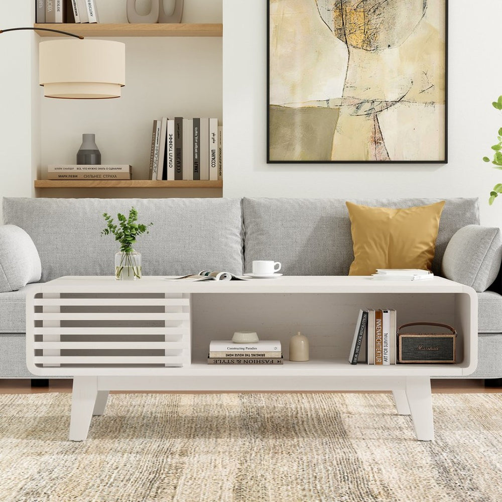 English Elm Coffee Table with Four Open Compartments Solid Wood Legs Mid Century Farmhouse Style White T3623P431250