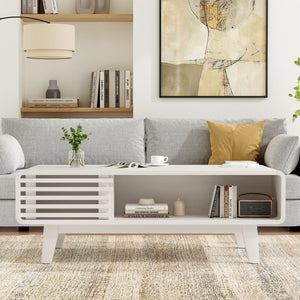 English Elm Coffee Table with Four Open Compartments Solid Wood Legs Mid Century Farmhouse Style White T3623P431250