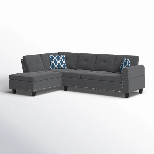 English Elm 2-Piece Alger 98" Wide Left-Hand Sofa & Chaise in Linen Blend with Tufted Backs, Nailhead Trim, Supportive Foam Cushions and Accent Pillows Dark Gray B102S00094