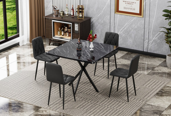 English Elm Square Mid Century Dining Table with Faux Marble Top, Waterproof Scratch-Resistant MDF Surface, Durable Iron Frame for Compact Kitchens and Stylish Small Dining Rooms Black W578P242962