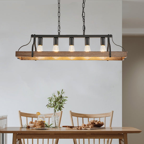 English Elm 34-Inch Industrial Pendant Light with 5 E26 Sockets, Adjustable Chain, Iron Linear Chandelier for Kitchen Walnut W2312P374834