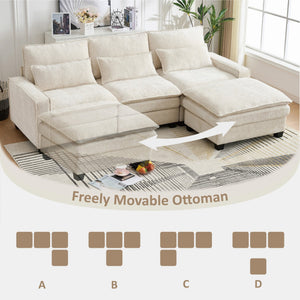 English Elm 99'' Sectional Cloud Deep Seat Couch - Plush Chenille 4-Seat L-Shaped Sofa with Movable Ottoman, Stain-Resistant Comfort and Ergonomic Lumbar Support Beige W3373S00023