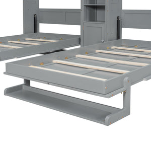 English Elm Dual Twin Murphy Beds with Built-In Cabinets & Shelves for Space-Saving Guest Rooms and Studios Gray N820S00058E