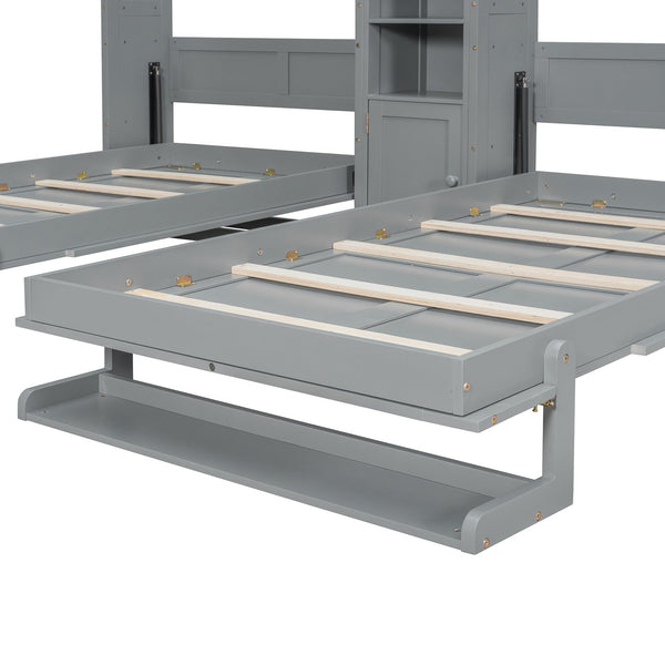 English Elm Dual Twin Murphy Beds with Built-In Cabinets & Shelves for Space-Saving Guest Rooms and Studios Gray N820S00058E