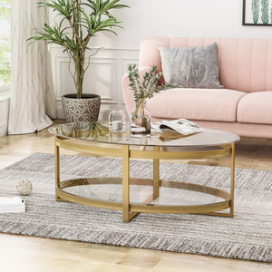 Christopher Knight Home® - Noble House - Plumeria Modern Glam Tempered Glass Oval Coffee Table with Iron Frame, Brass Finish