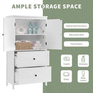English Elm Bathroom Storage Cabinet with Two Doors and Drawers, Adjustable Shelf, MDF Finish, Slim 28"L x 15"W White N725P188460K