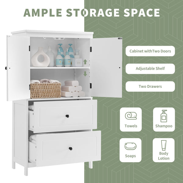 English Elm Bathroom Storage Cabinet with Two Doors and Drawers, Adjustable Shelf, MDF Finish, Slim 28"L x 15"W White N725P188460K