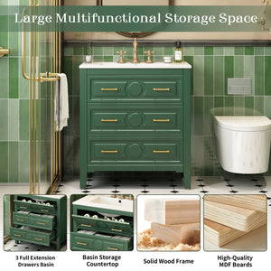 English Elm 30'' Bathroom Vanity with Ceramic Sink, Solid Wood Frame Retro Style Vanity with 3 Drawers & Gold Handles Green N710P246209F