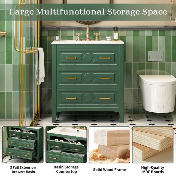 English Elm 30'' Bathroom Vanity with Ceramic Sink, Solid Wood Frame Retro Style Vanity with 3 Drawers & Gold Handles Green N710P246209F