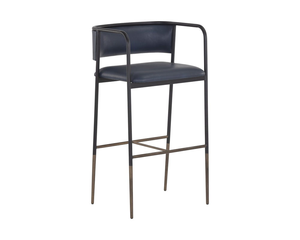 Sunpan Brenan Counter Stool - Elegant Curved Backrest, Unique Faux Leather, Black Metal Frame & Brass Caps Bravo Admiral