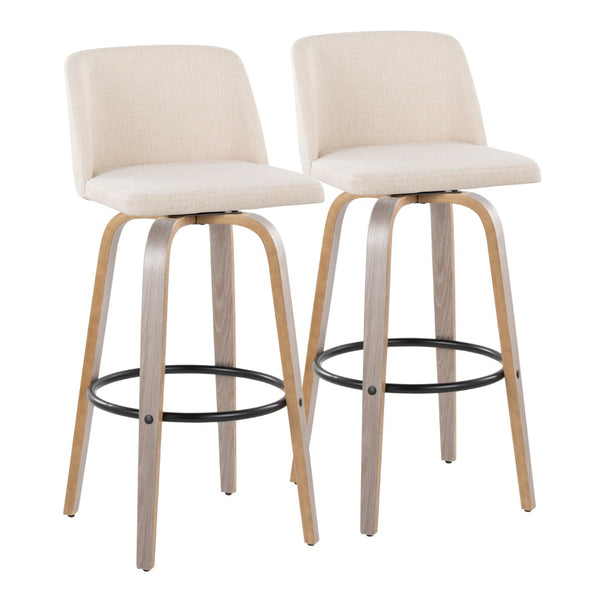 English Elm Toriano 30" Fixed-Height Swivel Barstool Set Of 2 In Light Grey Wood & Cream Fabric For Modern Spaces B202S00660-GIGA