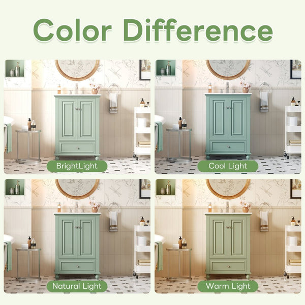 English Elm 24'' French Style Bathroom Vanity with Ceramic Sink Soft Close Cabinet and Drawer Green N710P411227F