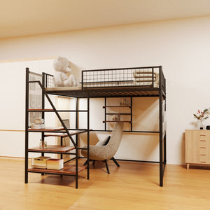 English Elm Black Metal Loft Bed with Built-in Desk Rgb Led Lighting and Charging Station Black W1671S00006