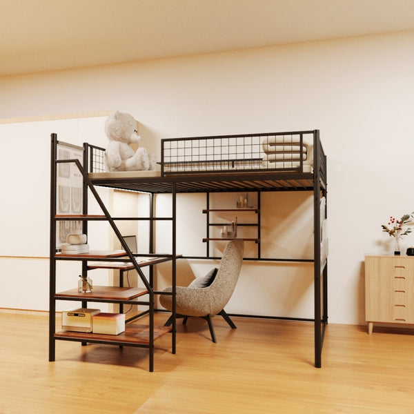 English Elm Black Metal Loft Bed with Built-in Desk Rgb Led Lighting and Charging Station Black W1671S00006