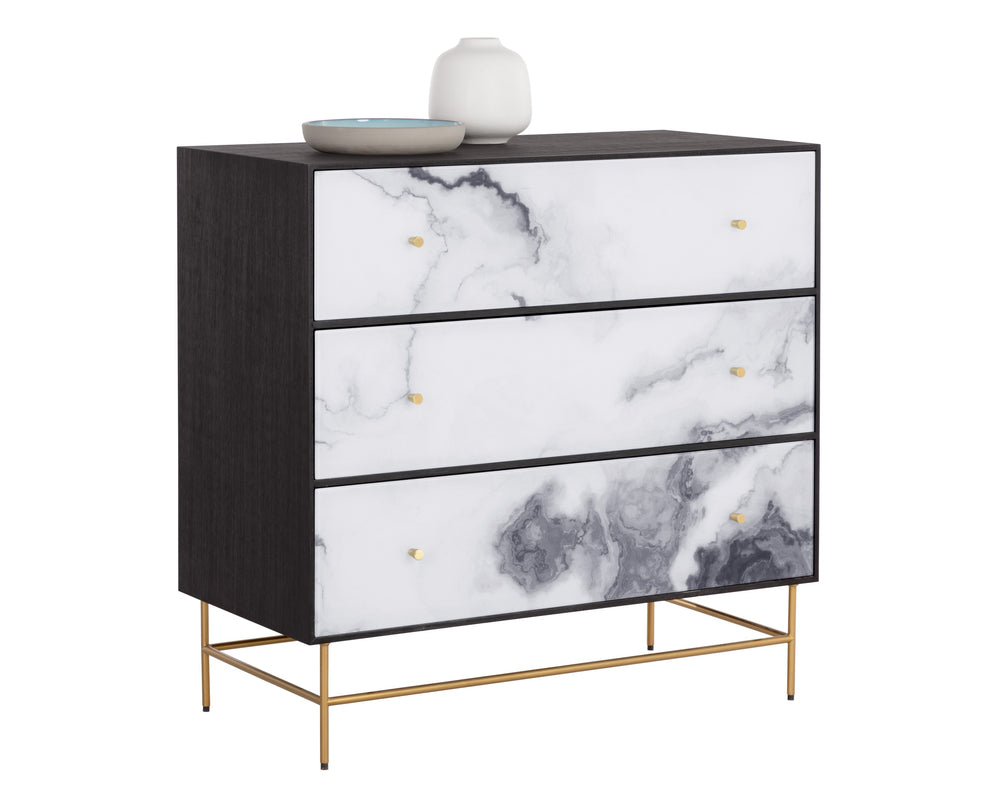 Sunpan Cordero Dresser: Modern Acacia Wood Marvel with Marble Design, Antique Brass Legs & Three Drawers