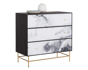 Sunpan Cordero Dresser: Modern Acacia Wood Marvel with Marble Design, Antique Brass Legs & Three Drawers