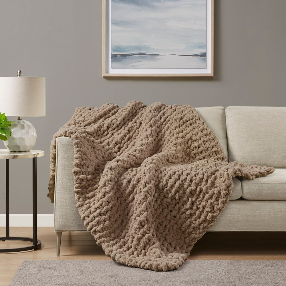 JLA Home Madison Park - Throw Handcrafted Chenille Chunky Knit Blanket, OEKO-TEX Certified Cozy Accent for Sofa or Bed Brown MP50-8236