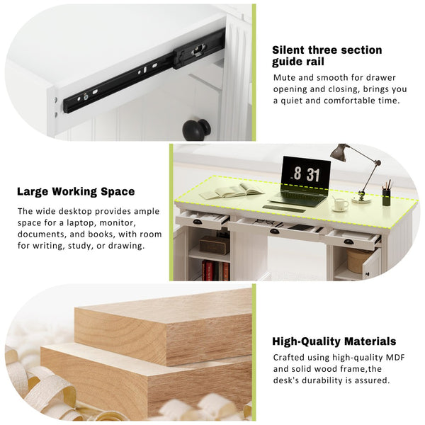 English Elm 67" White Executive Desk with Cabinet Storage Drawers and Usb Ports for Home Office N751S415500K