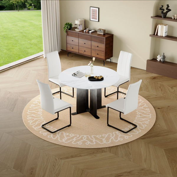 English Elm Round Mdf Dining Table with Gradient Cross Base Compact Modern Seating for Small Spaces White W3875S00028