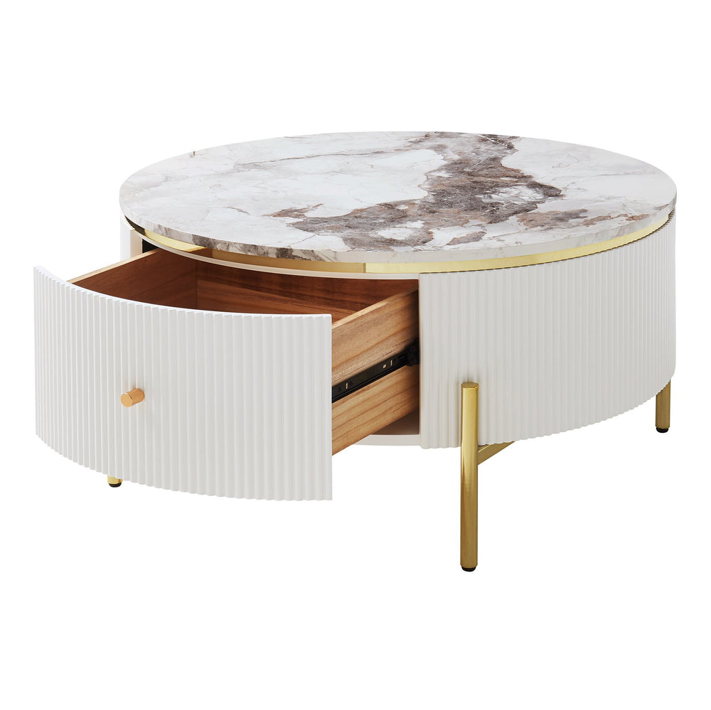 English Elm Modern Round Coffee Table with Dual Drawers for Storage, White MDF Top & Gold Metal Base, 31.5" N735P338995K