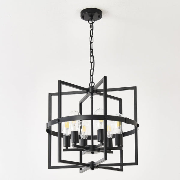 English Elm 6-light Matte Black Tiered Lantern Chandelier Industrial Farmhouse Foyer Pendant W5008P464229