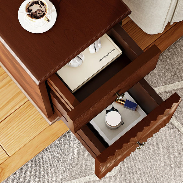English Elm 2 Drawer Modern Sofa Side Table with Charging Station, Walnut Slim Nightstand with 2 AC/2 USB, 2 Drawers, Fully Assembled W2593P289143