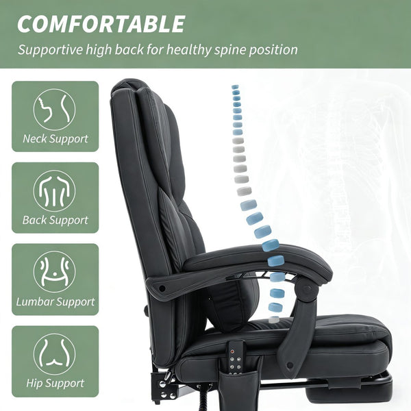 English Elm Faux Leather High Back Massage Office Chair with Reclining Footrest for Home Executives T3971P454525
