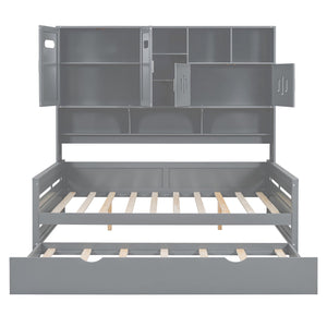 English Elm Full Size Wooden Daybed With Twin Trundle & Stylish Integrated Cabinet For Smart Space-Saving Solutions N820S00027E