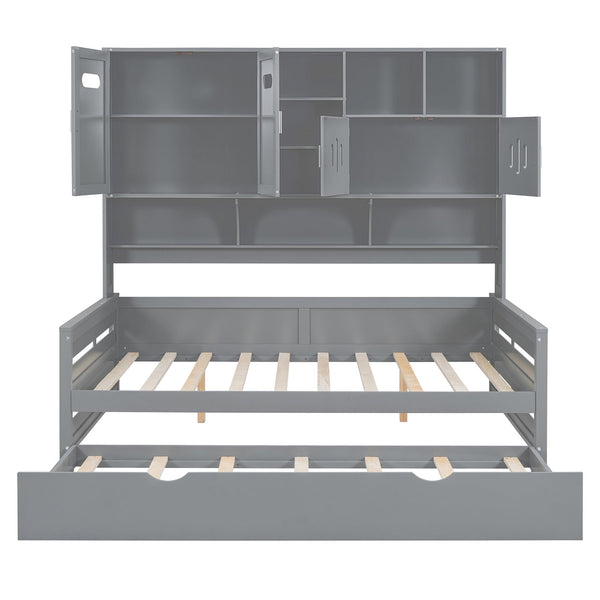 English Elm Full Size Wooden Daybed With Twin Trundle & Stylish Integrated Cabinet For Smart Space-Saving Solutions N820S00027E