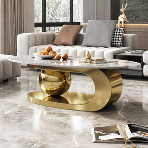 English Elm 49.2 Oval Faux Marble Coffee Table with Titanium-Coated Stainless Steel Base and Sintered Stone Top Gold,White W3136S00014
