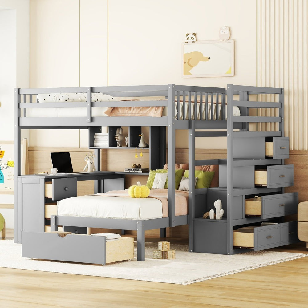 English Elm Full Over Twin Bunk Bed with Staircase Drawers Desk and Shelves in Gray LT001605AAE