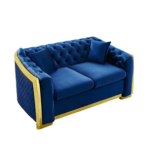 English Elm Luxury Velvet Tufted Chesterfield Loveseat with Gold Steel Trim for Living Room Navy Blue W1191S00117