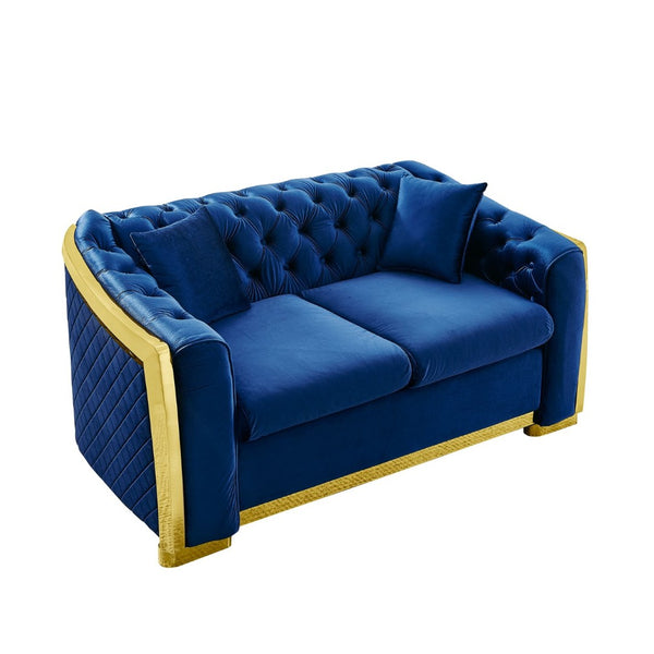 English Elm Luxury Velvet Tufted Chesterfield Loveseat with Gold Steel Trim for Living Room Navy Blue W1191S00117