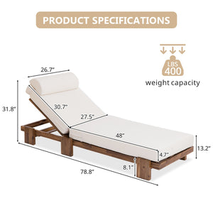 English Elm U_style Acacia Wood Outdoor Chaise Lounge with Retractable Tray and Padded Headrest Beige WY000473AAA