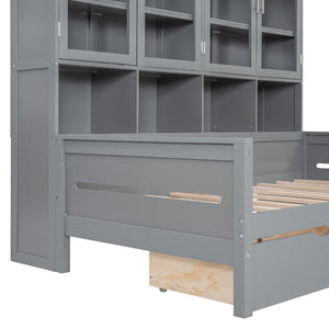 English Elm Twin Size Wooden Daybed With Stylish Glass Cabinets, Led Lighting & Open Shelves For Modern Spaces N820S00050E-GIGA