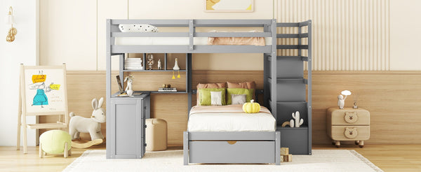 English Elm Full Over Twin Bunk Bed with Staircase Drawers Desk and Shelves in Gray Gray LT001605AAE-1