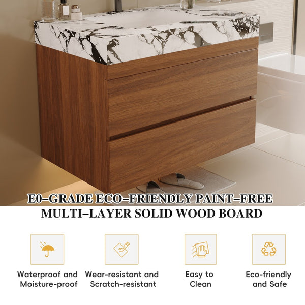 English Elm 29.9" Floating Bathroom Vanity Sintered Stone Top Soft Close Drawers Bronze Gold Hardware W3136S00040