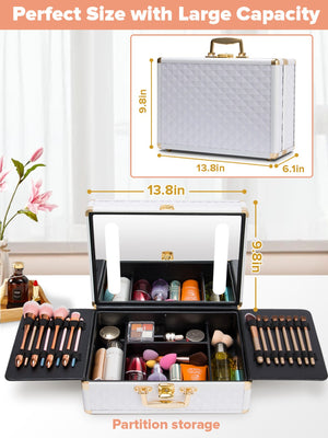 English Elm Portable Led Vanity Makeup Case Aluminum Travel Organizer with Mirror Lock Dividers W1550P163303