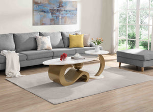 English Elm Modern Nesting Coffee Table Set - Stylish Oval & Round Side Tables With Golden Metal Frame, Chic Design W821S00001-GIGA