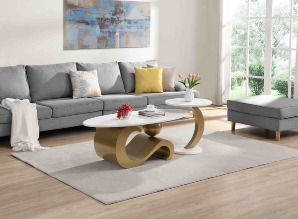 English Elm Modern Nesting Coffee Table Set - Stylish Oval & Round Side Tables With Golden Metal Frame, Chic Design W821S00001-GIGA