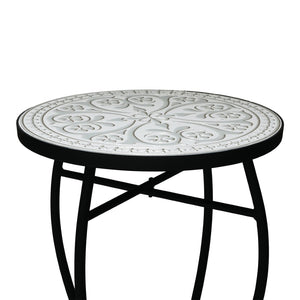 English Elm Outdoor Mosaic Ceramic Tile Round Side Table with Curved Wrought Iron Patio Accent Grey+Black N773P365597G