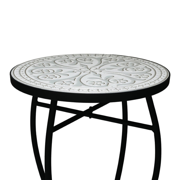 English Elm Outdoor Mosaic Ceramic Tile Round Side Table with Curved Wrought Iron Patio Accent Grey+Black N773P365597G