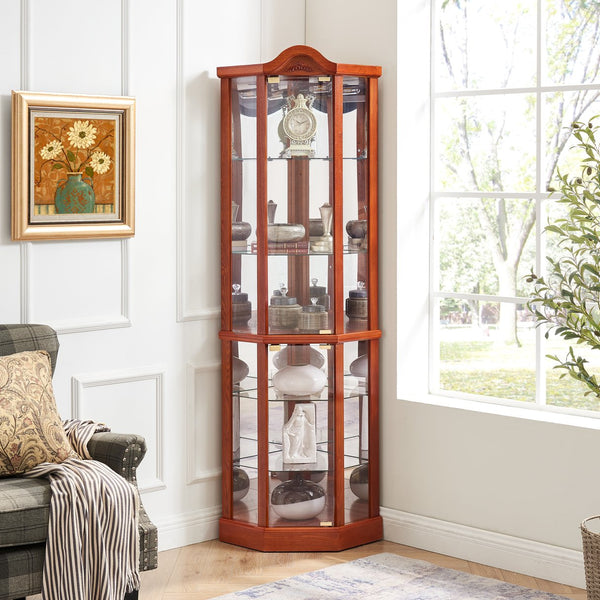 English Elm Lighted Corner Curio Cabinet With Adjustable Glass Shelves And Elegant Oak Finish For Home Or Office W1758P300135