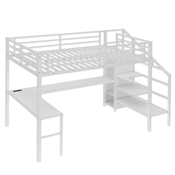 English Elm Queen Size Loft Bed With L-Shaped Desk, Usb Port & Led Lights - Stylish Space-Saving Solution For All W1580S00124-GIGA