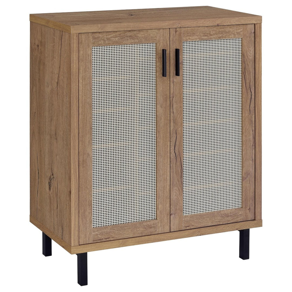 English Elm Stagg Oak Finish Shoe Cabinet with Cane Doors and Black Metal Legs for Entryway B062P451792